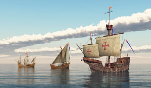 Computer generated 3D illustration with the ships Santa Maria, Nina and Pinta of Christopher Columbus